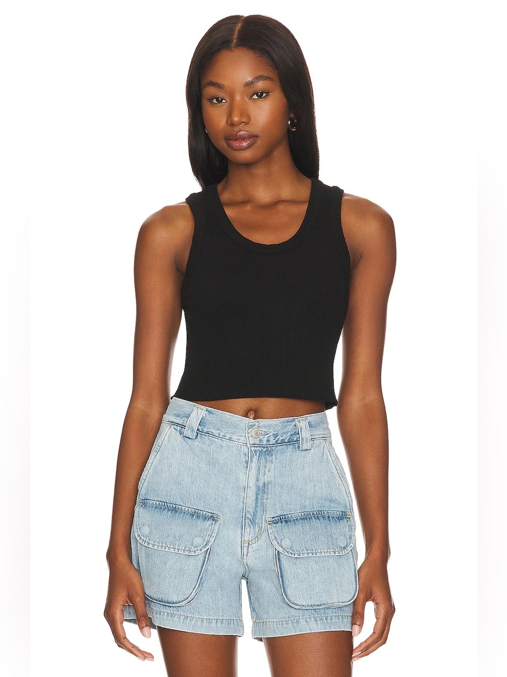 AGOLDE Cropped Poppy Ribbed Raw Hem Sleeveless Scoop-Neck Black Tank Top EUC S